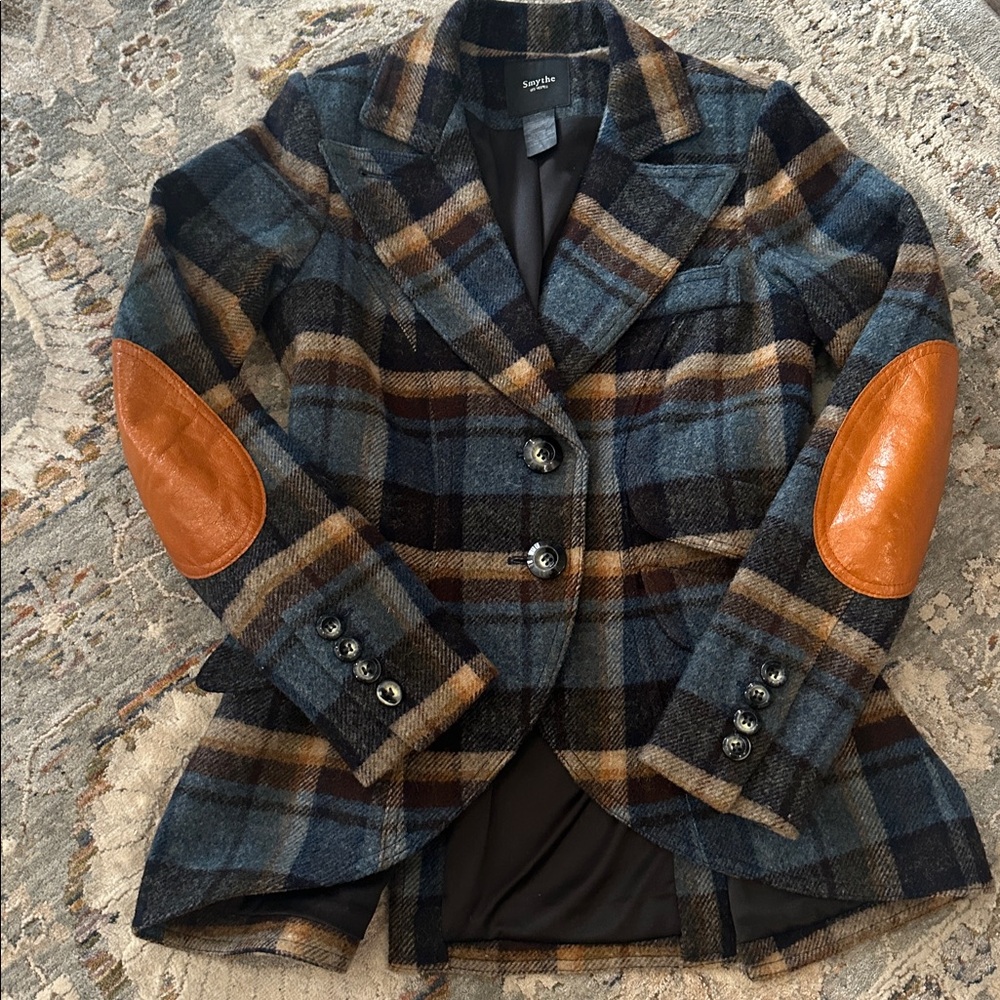 Smythe equestrian Plaid Blazer in Blue and Brown with leather accents